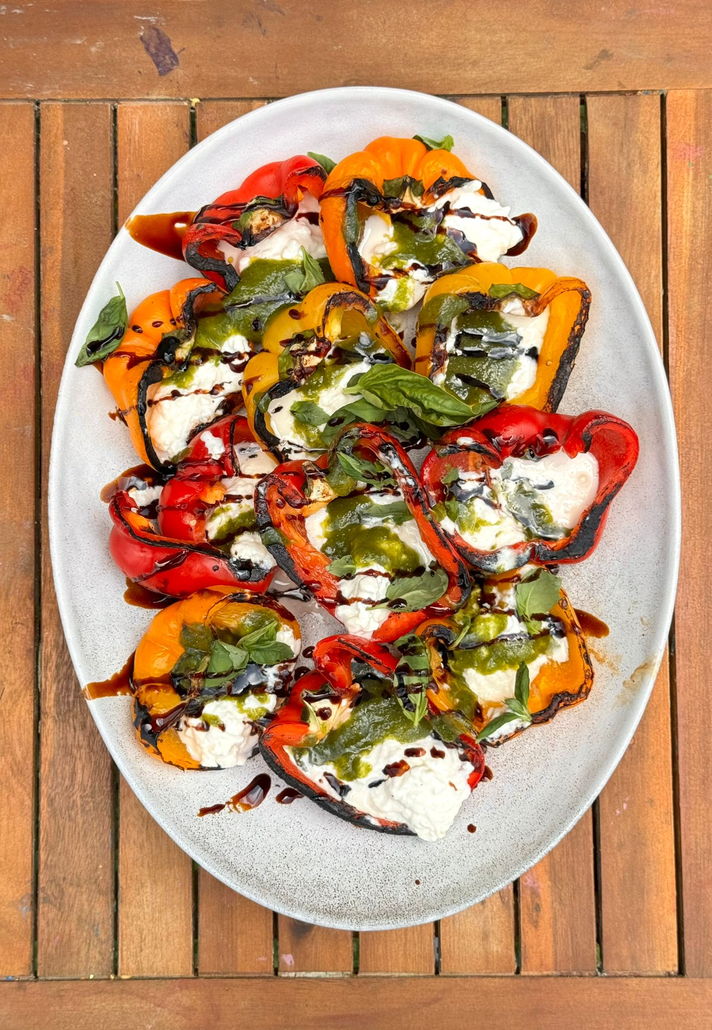 Charred Peppers with Stracciatella and Pesto