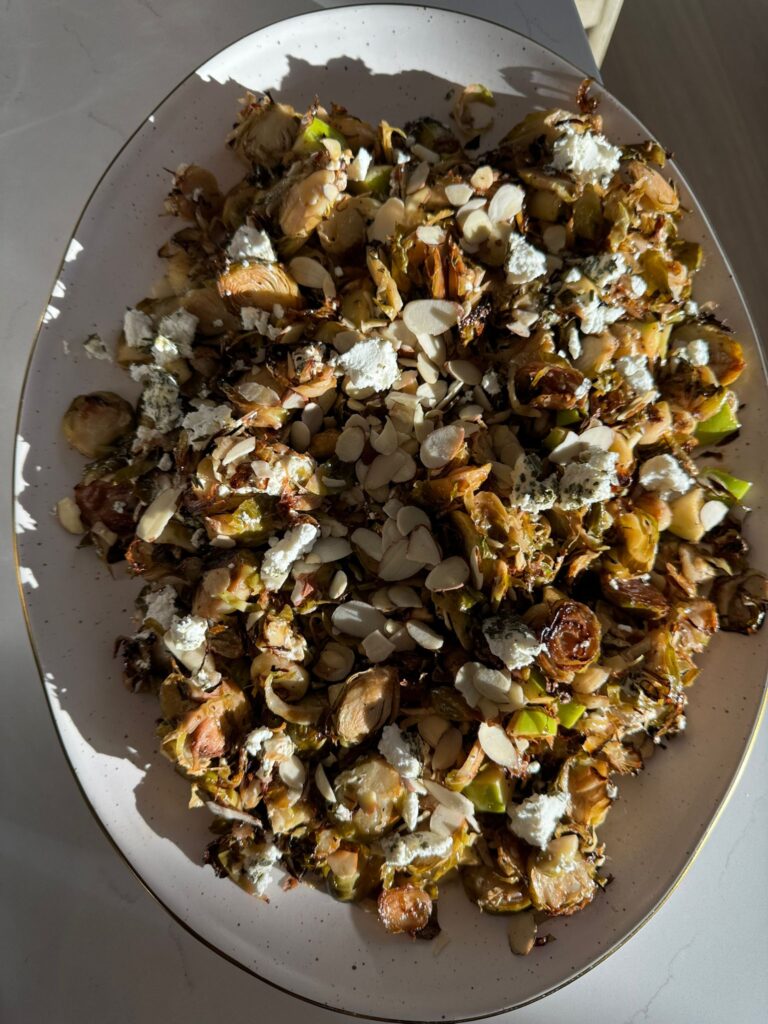 Roasted Brussels Sprouts with Almond and Goat Cheese