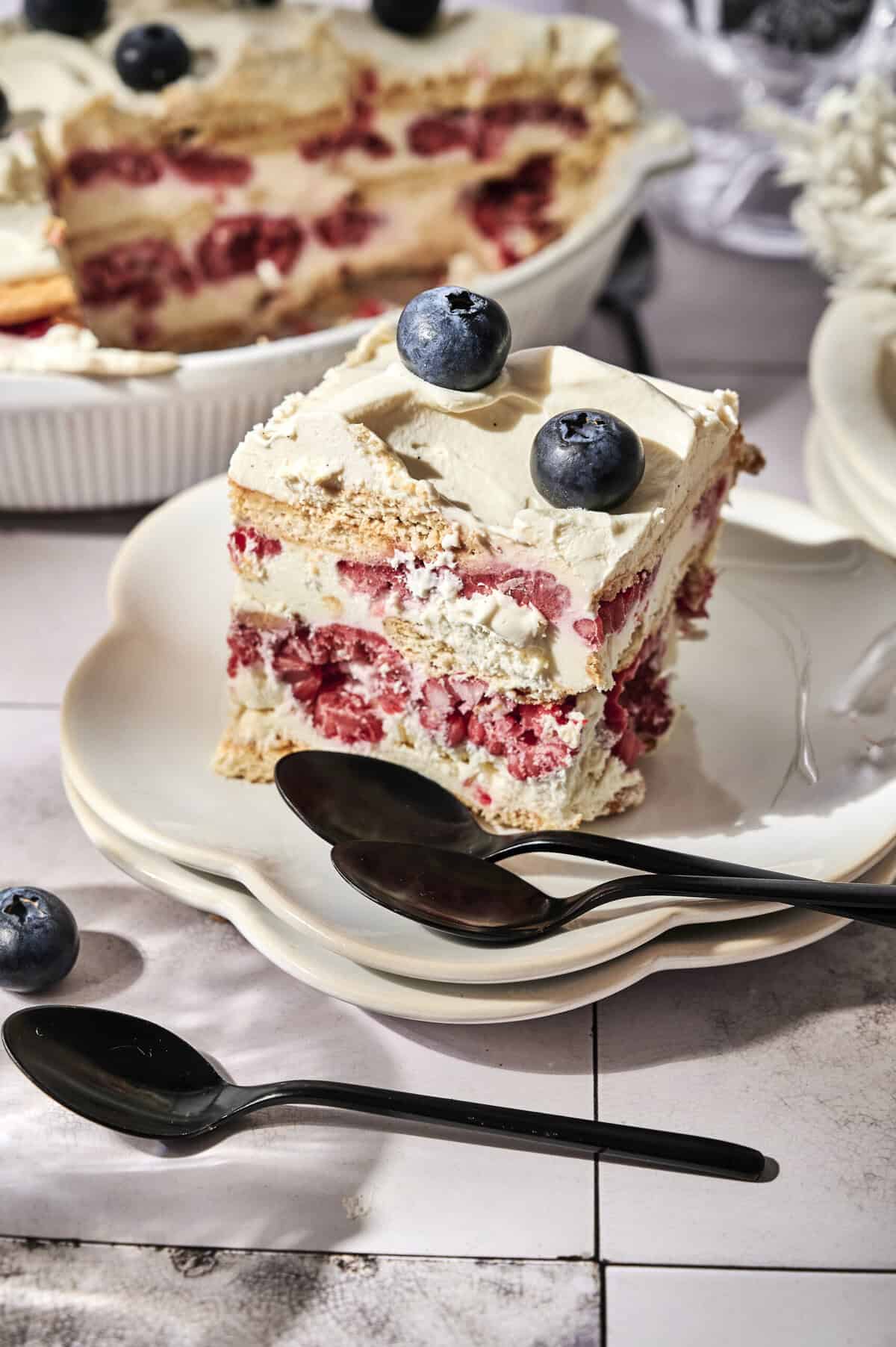 No-bake berry icebox cake with pastel layers, a light and easy Easter dessert for families