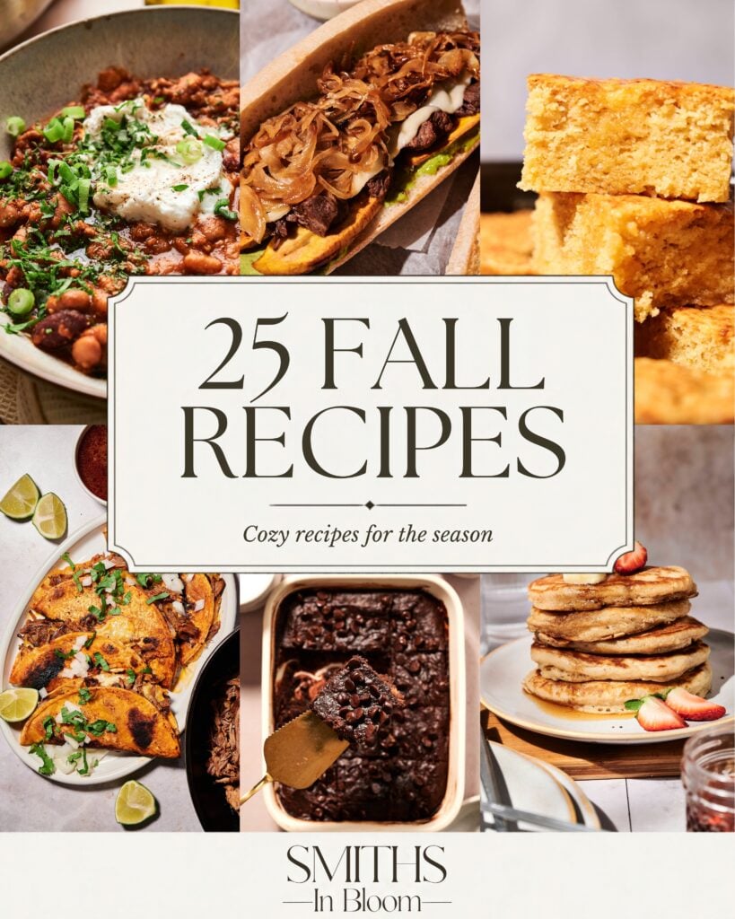 Easy fall recipes collage with chili, a beef stew sandwich, skillet cornbread, birria tacos, sweet potato brownies, and pancakes.