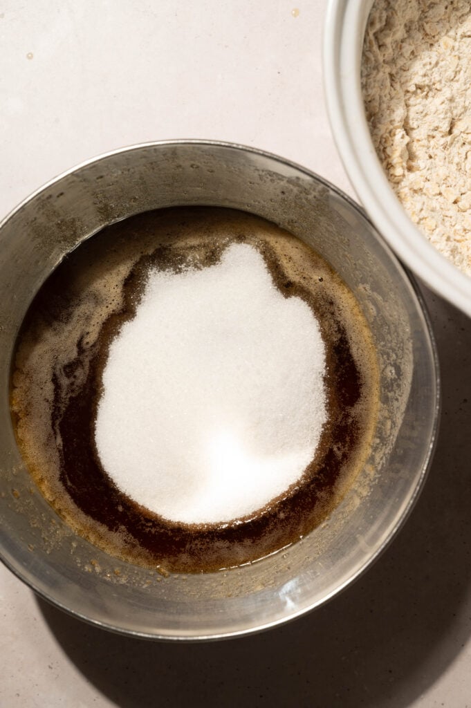 Granulated sugar added to brown butter for a skillet cookie