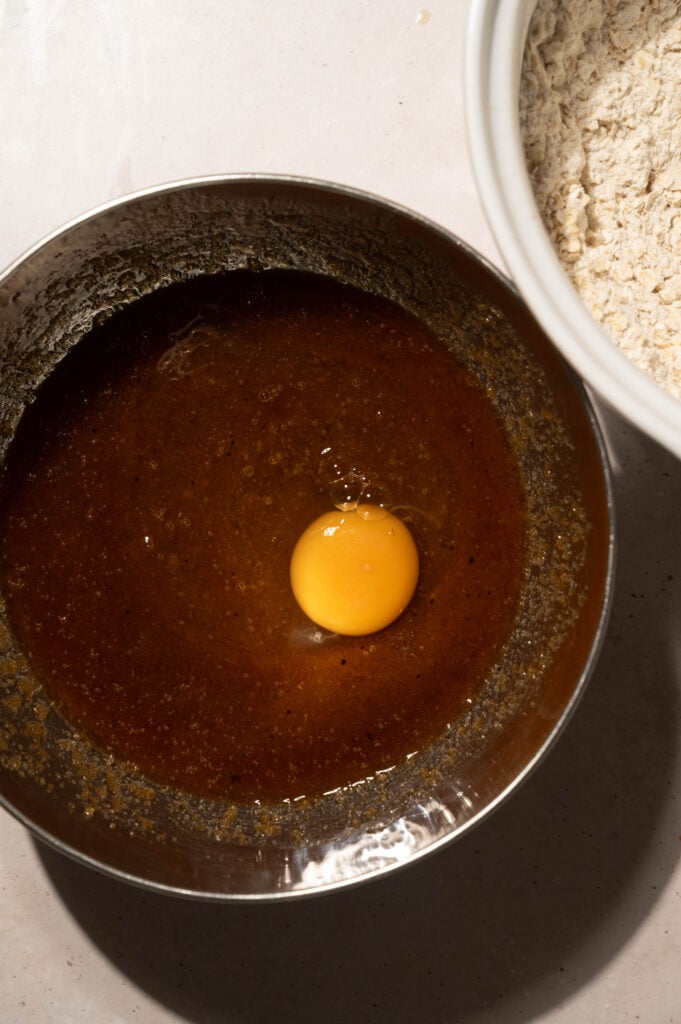 Egg added to the brown butter and sugar mixture