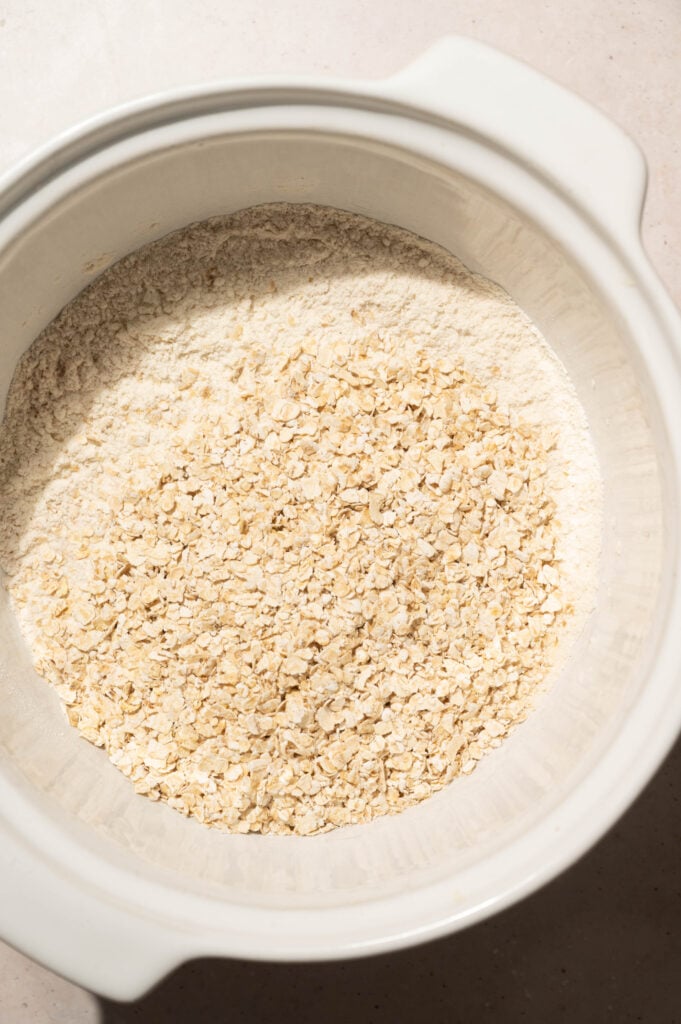 Old-fashioned rolled oats added to the dry ingredients for an oatmeal chocolate chip skillet cookie