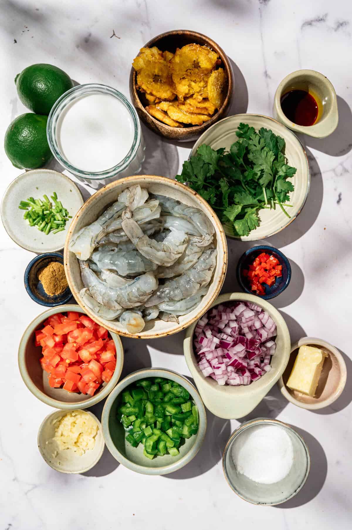 Ingredients for encocado de camarón: raw shrimp, coconut milk, tomato, red onion, green bell pepper, ají criollo, garlic, scallions, cilantro, cumin, achiote oil, butter, limes, and patacones