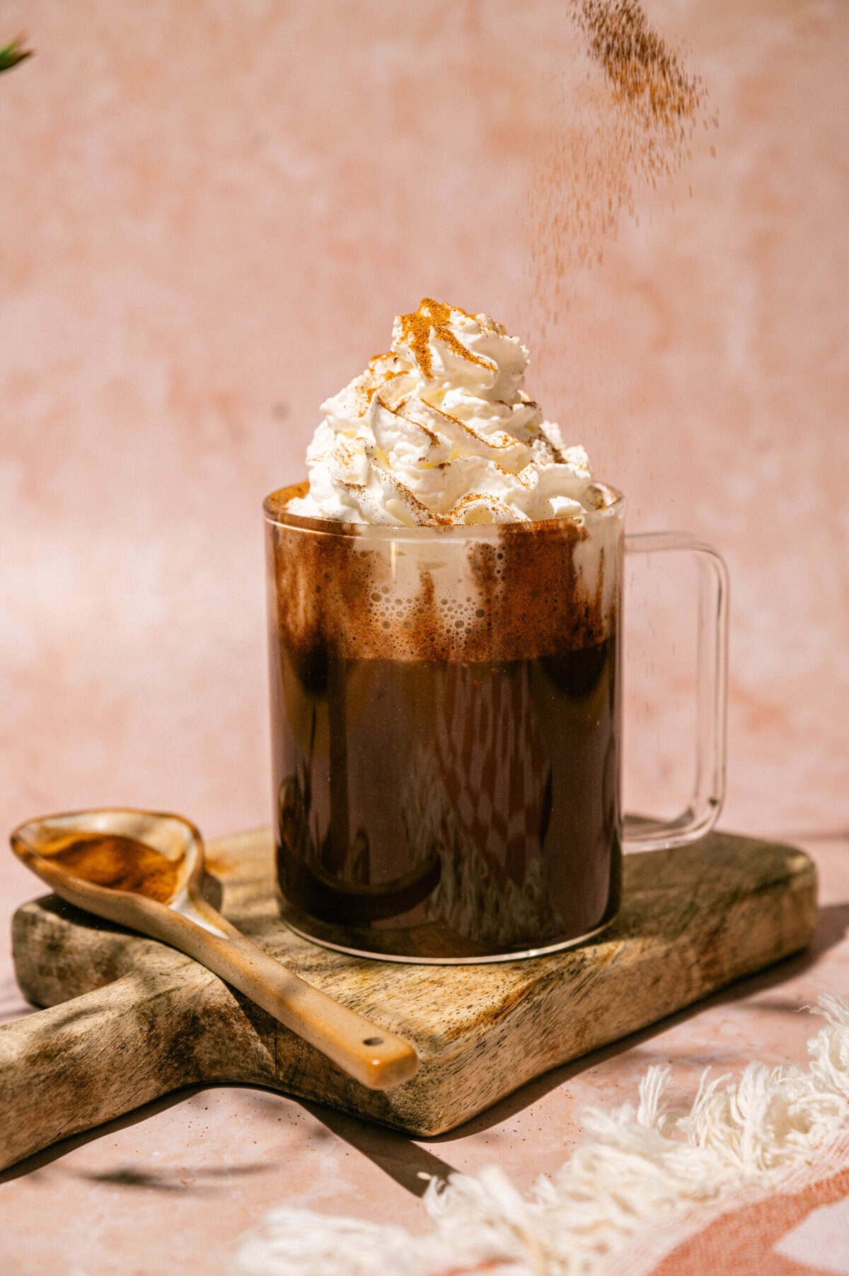 Cinnamon being sprinkled over whipped cream on a mug of the best homemade hot chocolate.
