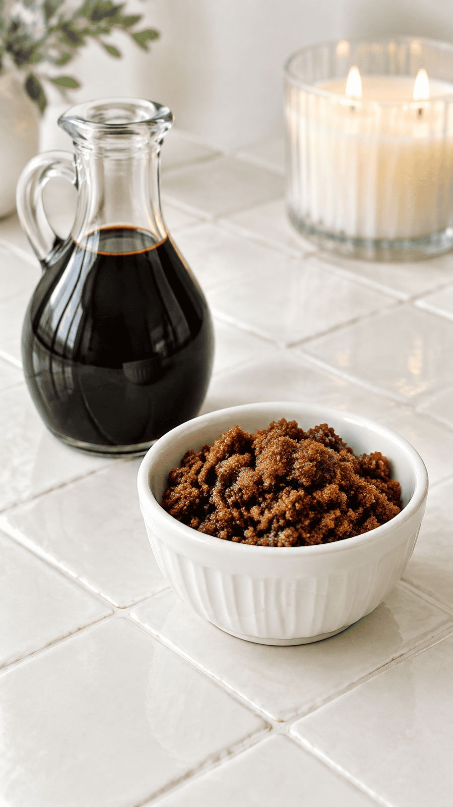 Ingredients for balsamic glaze: a glass bottle of balsamic vinegar and a small white bowl of brown sugar.